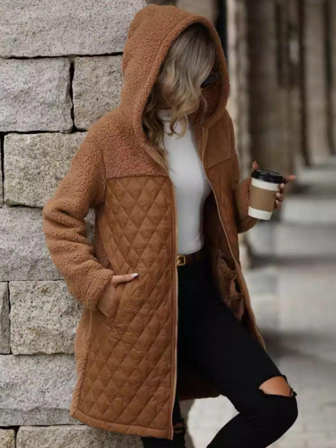 Texture Zip Up Long Sleeve Hooded Coat - Bona Fide Fashion