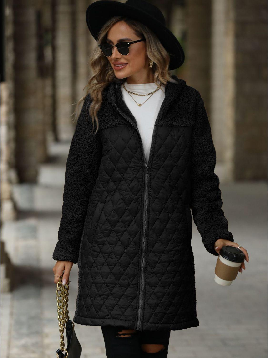 Texture Zip Up Long Sleeve Hooded Coat - Bona Fide Fashion