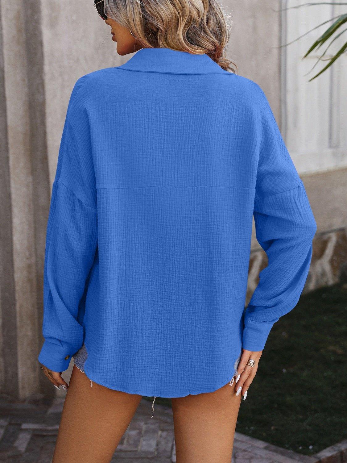 Textured Pocketed Button Up Dropped Shoulder Shirt - Bona Fide Fashion
