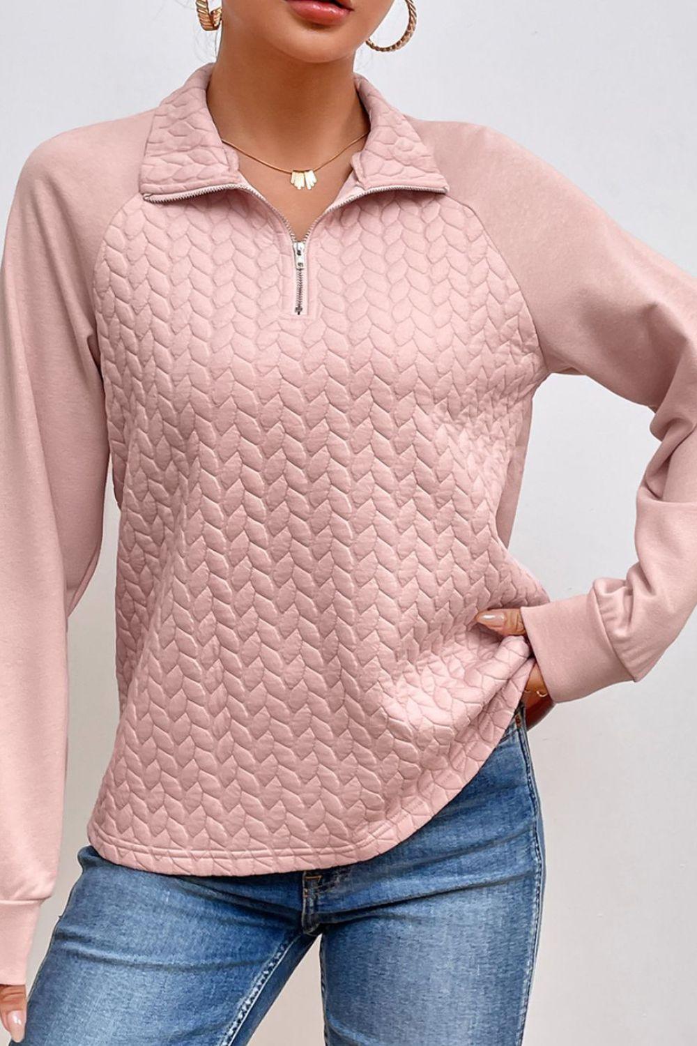 Textured Quarter Zip Long Sleeve Sweatshirt - Bona Fide Fashion