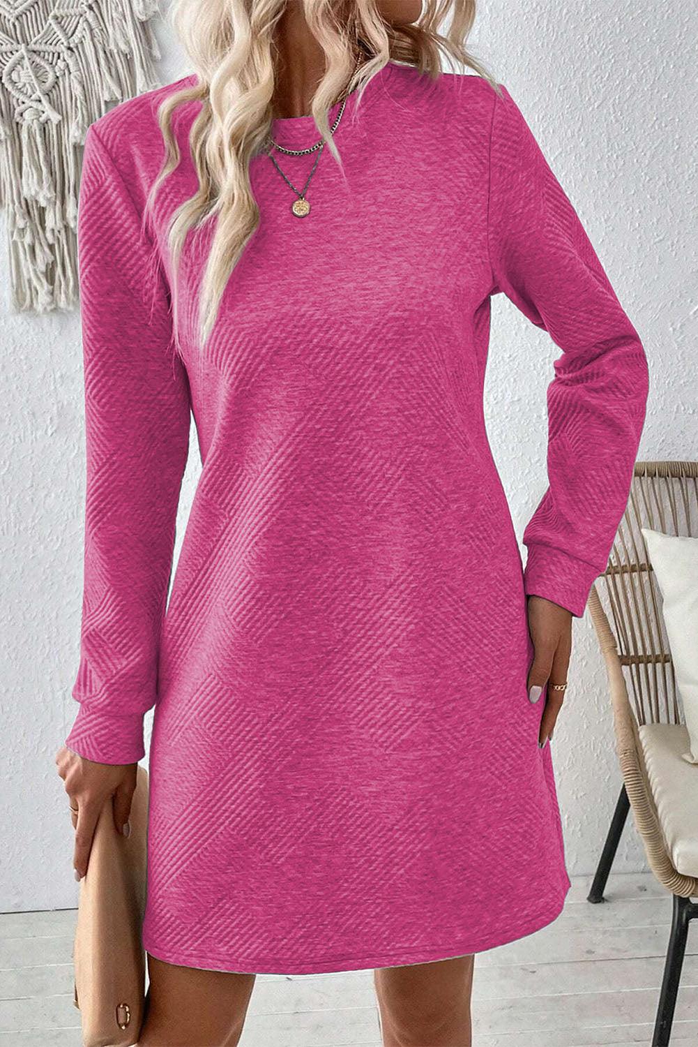 Textured Round Neck Long Sleeve Mini Dress - Bona Fide Fashion