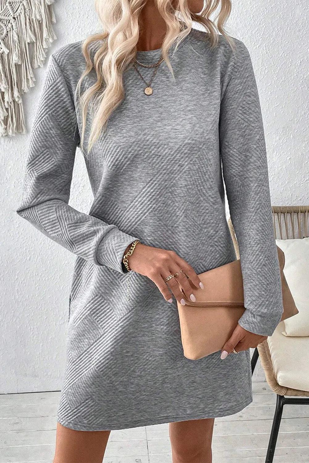 Textured Round Neck Long Sleeve Mini Dress - Bona Fide Fashion