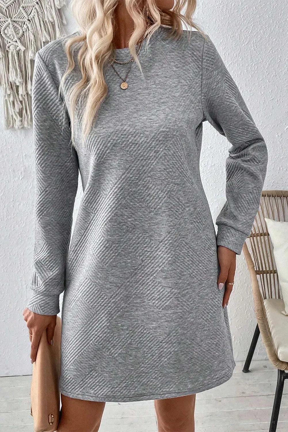 Textured Round Neck Long Sleeve Mini Dress - Bona Fide Fashion