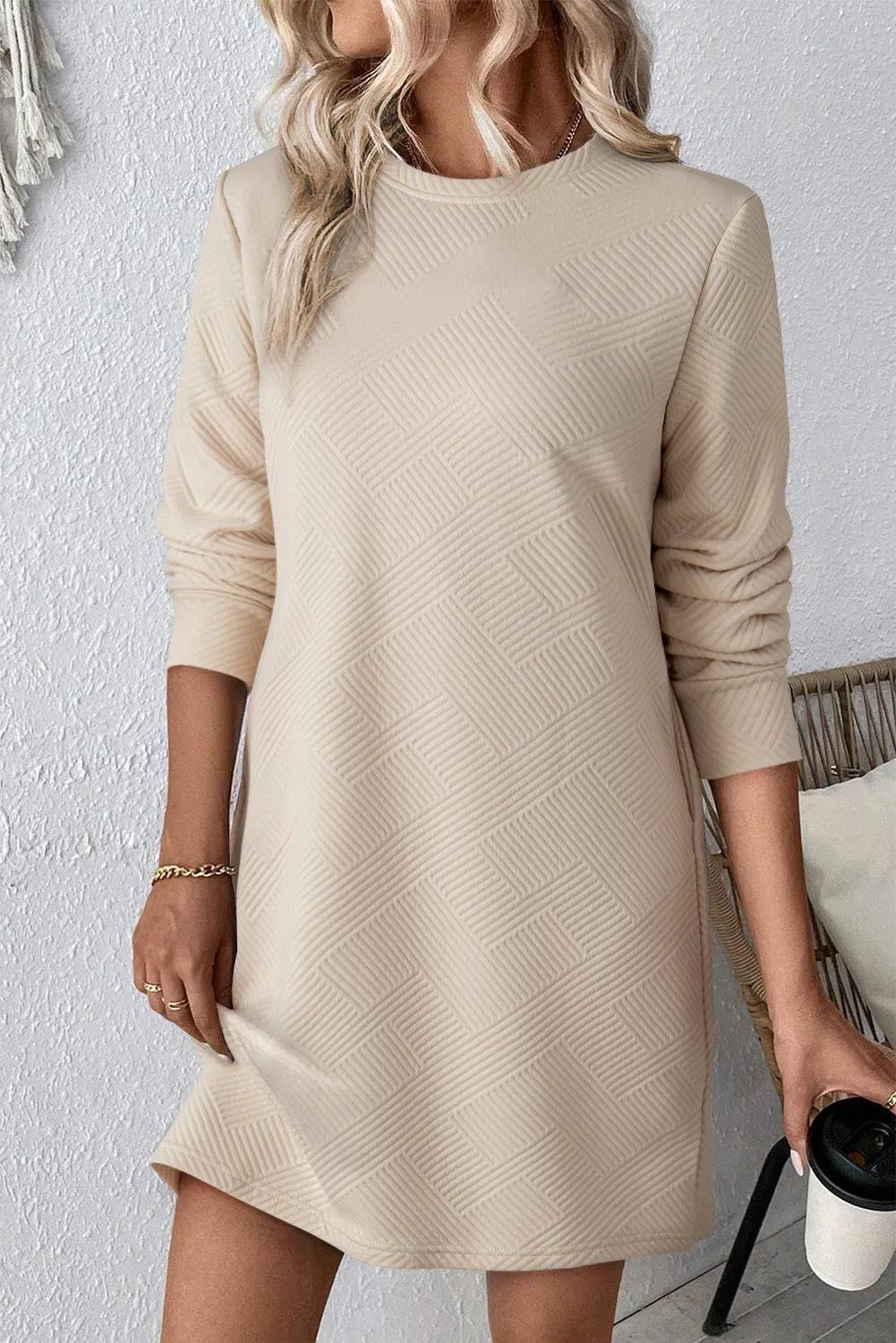 Textured Round Neck Long Sleeve Mini Dress - Bona Fide Fashion