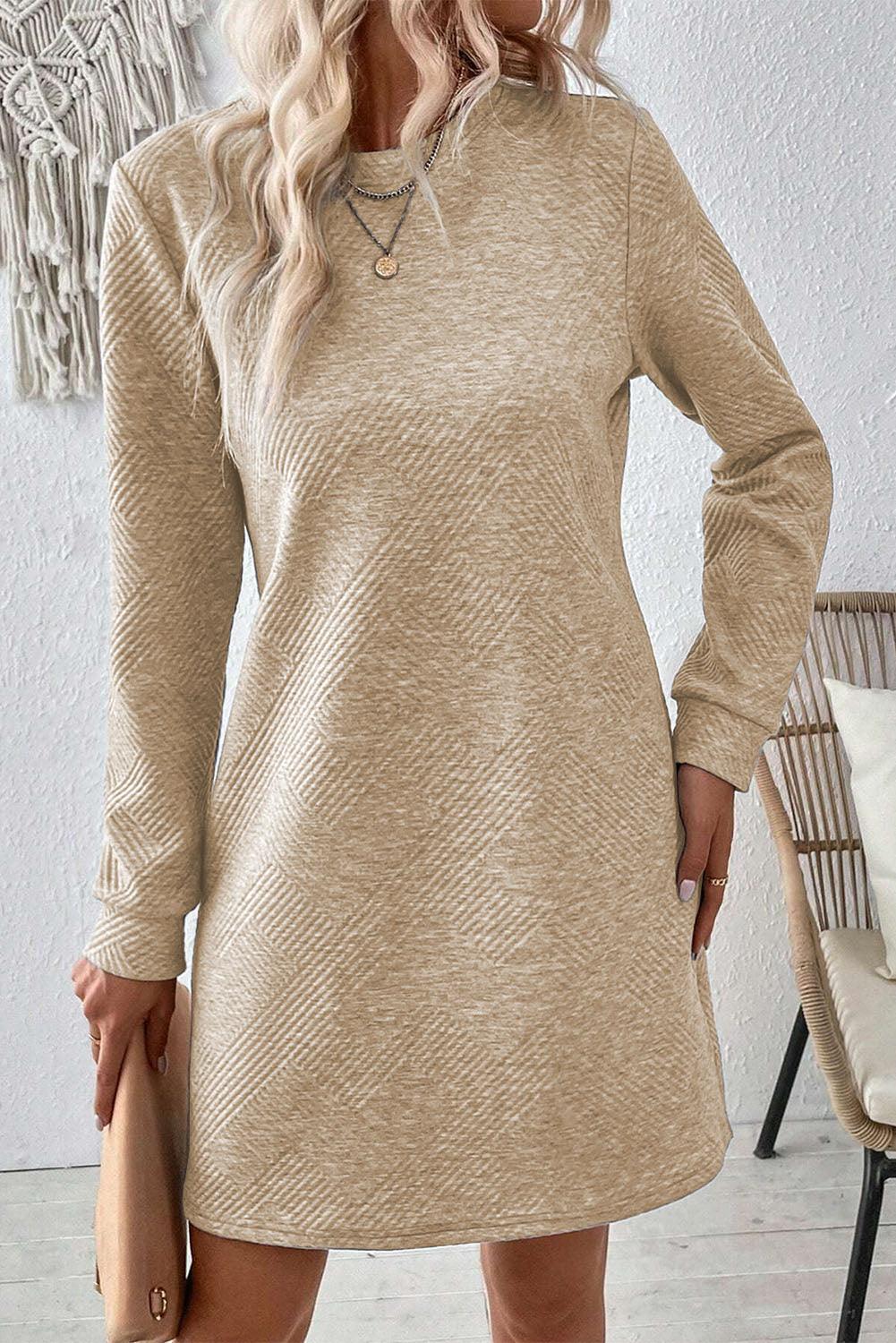 Textured Round Neck Long Sleeve Mini Dress - Bona Fide Fashion