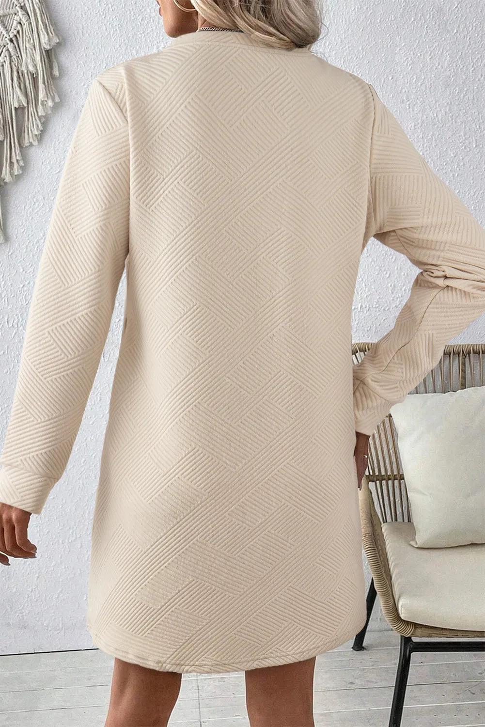 Textured Round Neck Long Sleeve Mini Dress - Bona Fide Fashion