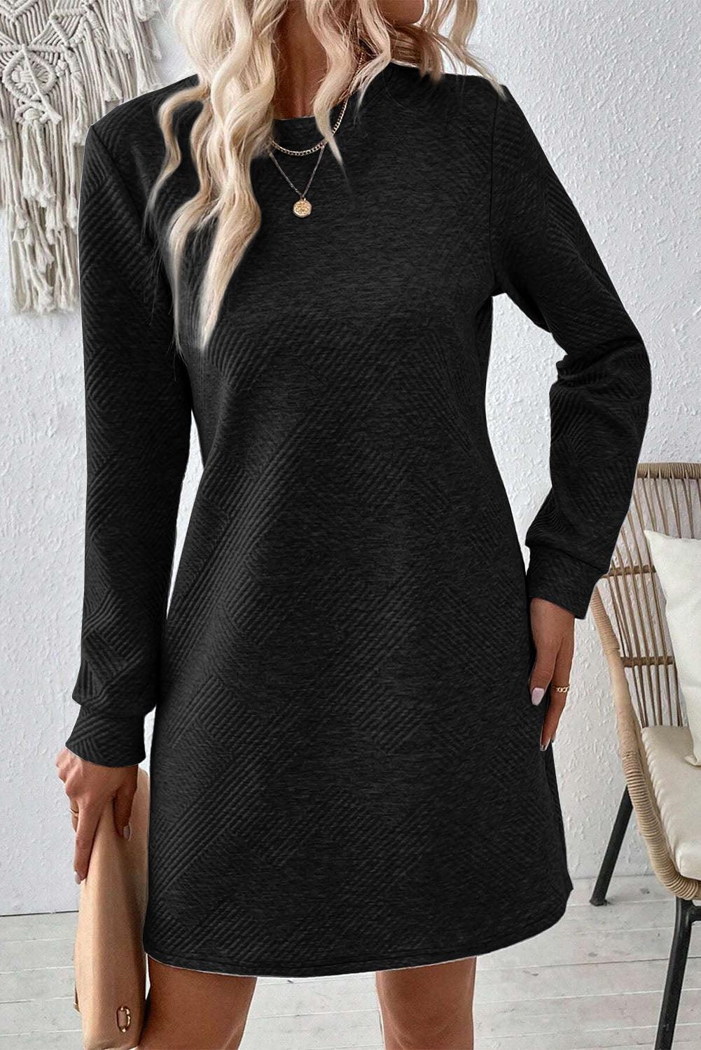 Textured Round Neck Long Sleeve Mini Dress - Bona Fide Fashion