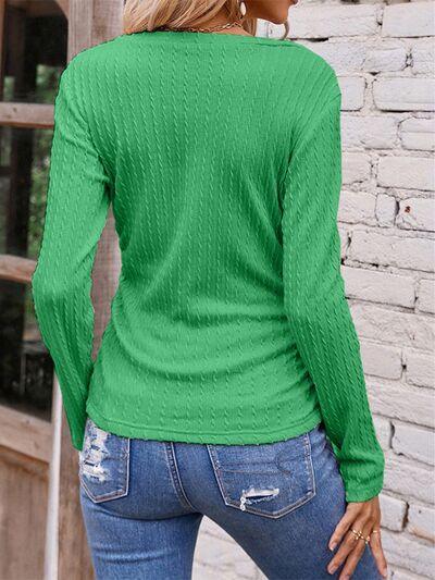 Textured Ruched V-Neck Long Sleeve T-Shirt - Bona Fide Fashion