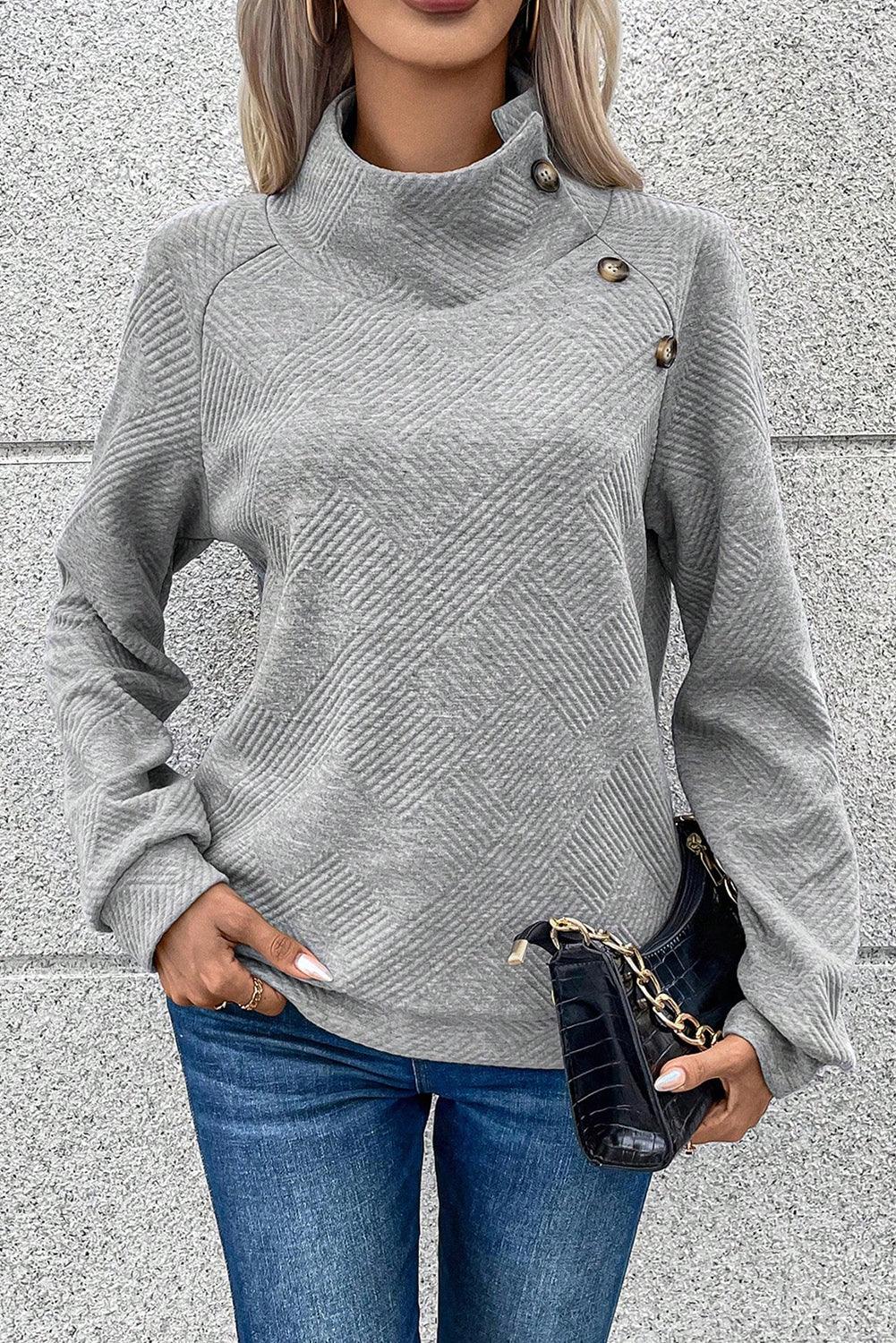 Textured Turtleneck Long Sleeve Sweatshirt - Bona Fide Fashion