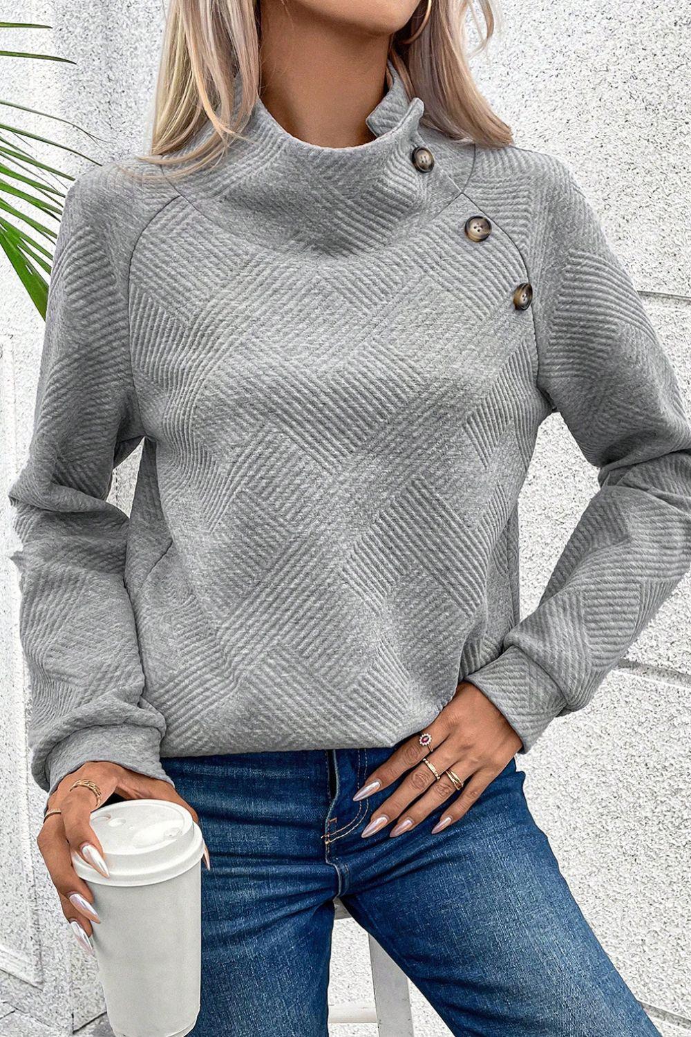 Textured Turtleneck Long Sleeve Sweatshirt - Bona Fide Fashion