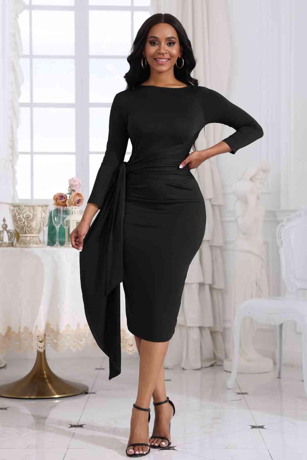 Tie Detail Round Neck Midi Dress - Bona Fide Fashion