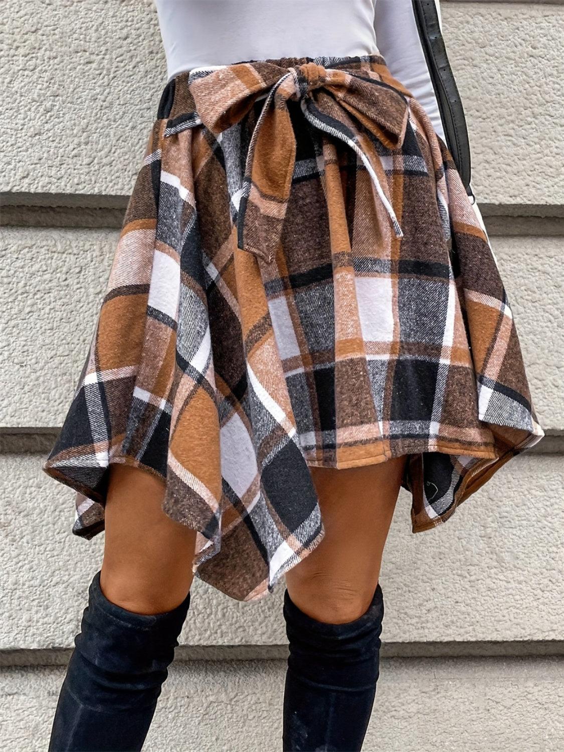 Tied Plaid Asymmetrical Hem Skirt - Bona Fide Fashion