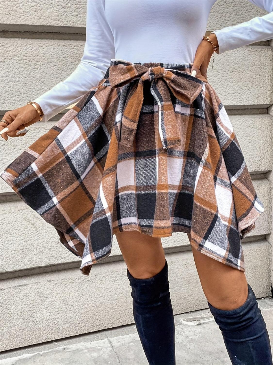 Tied Plaid Asymmetrical Hem Skirt - Bona Fide Fashion