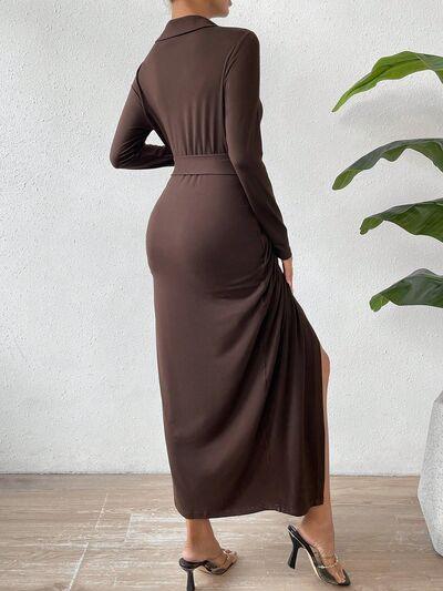 Tied Slit Long Sleeve Wrap Dress - Bona Fide Fashion