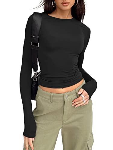 Trendy Queen Long Sleeve Shirts for Women Crop Tops Fall Fashion 2023 Outfits Basic Workout Sexy Sweaters Going Out Shirts Cute Slim Fit Y2K Clothing Winter Clothes Black - Bona Fide Fashion