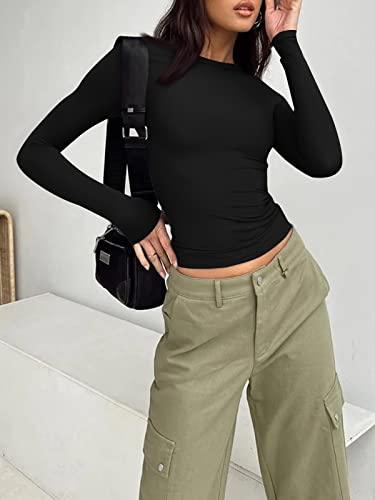 Trendy Queen Long Sleeve Shirts for Women Crop Tops Fall Fashion 2023 Outfits Basic Workout Sexy Sweaters Going Out Shirts Cute Slim Fit Y2K Clothing Winter Clothes Black - Bona Fide Fashion