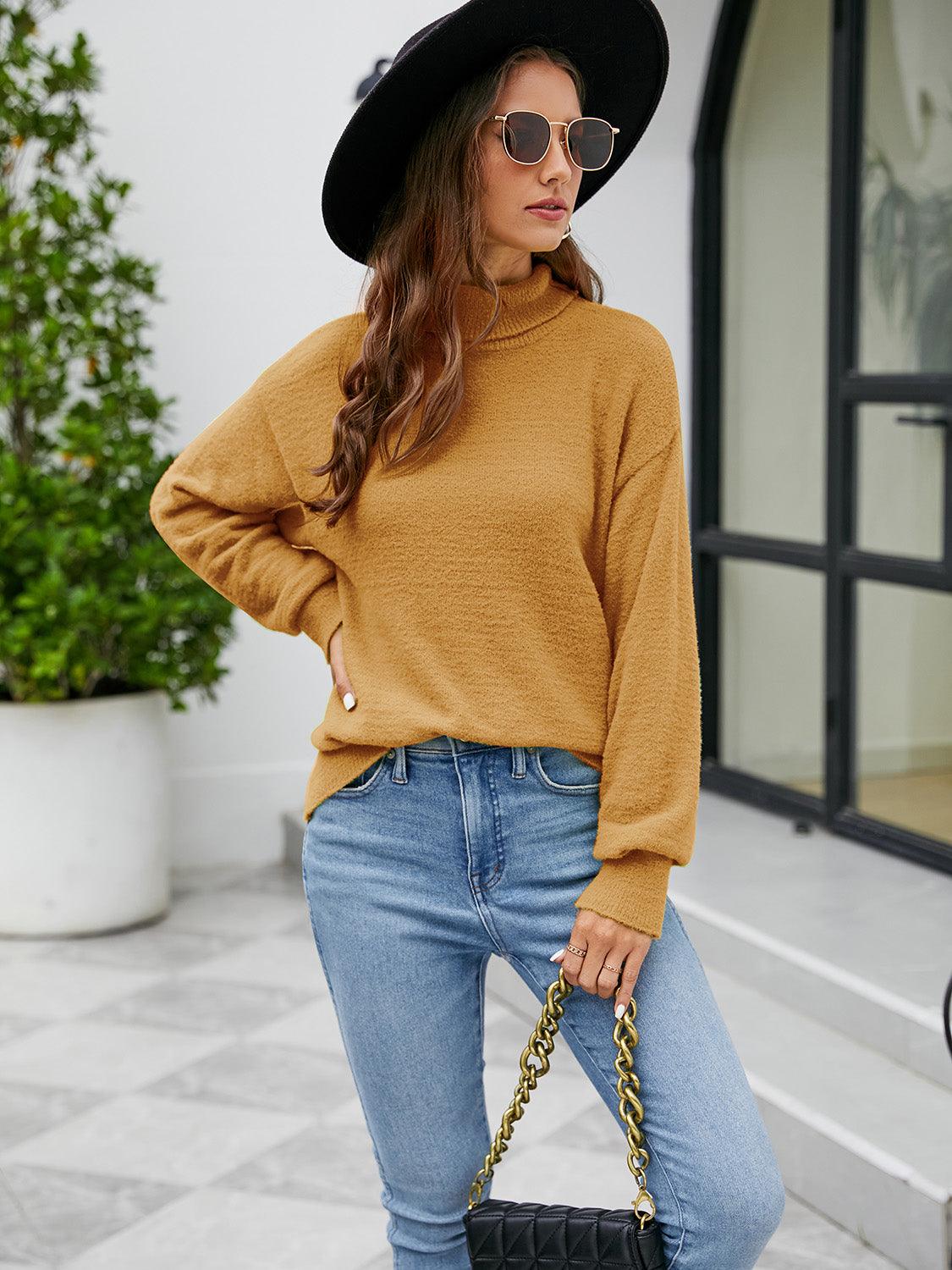 Turtleneck Dropped Shoulder Sweater - Bona Fide Fashion