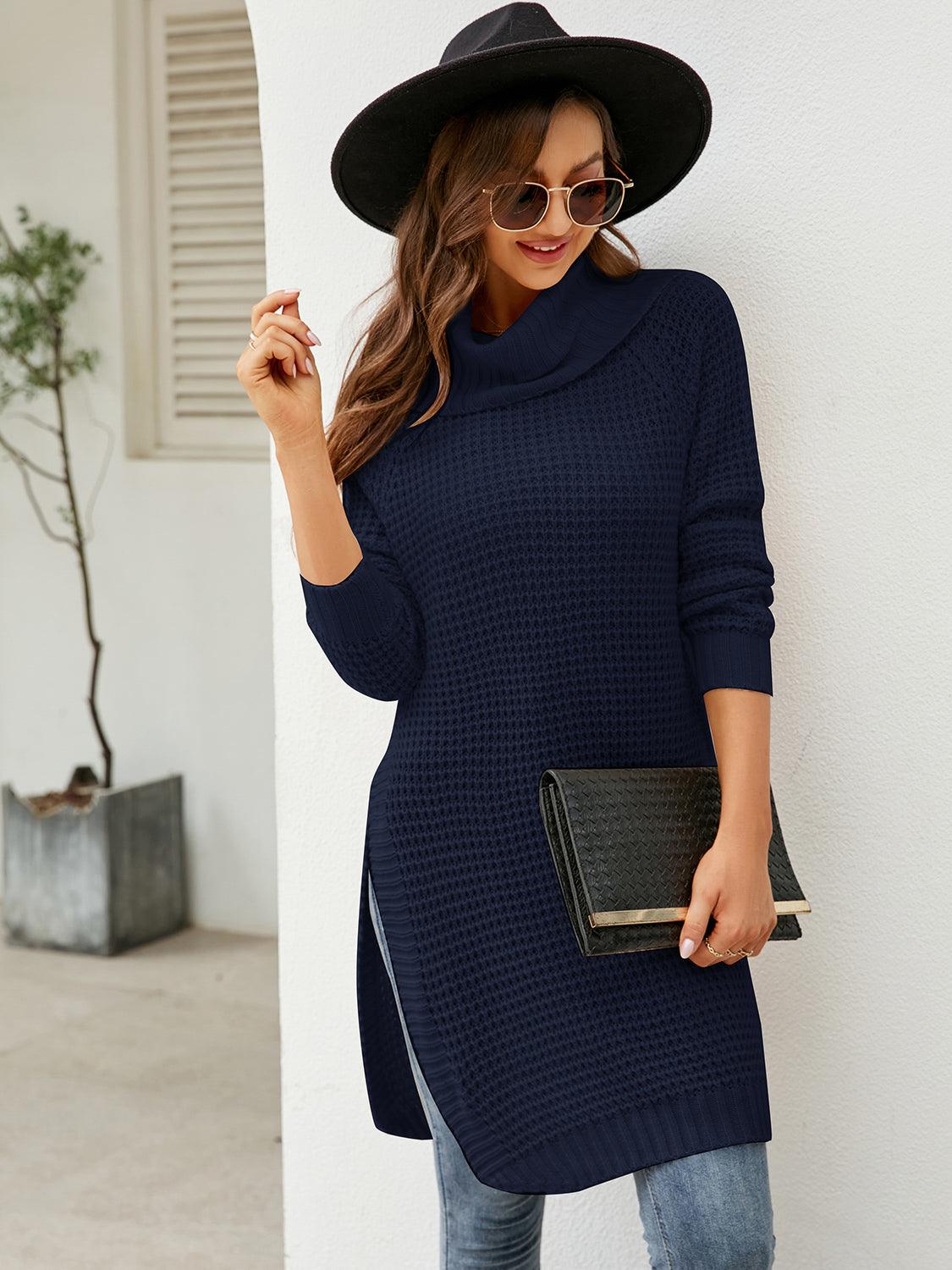 Turtleneck Waffle-Knit Slit Sweater Dress - Bona Fide Fashion