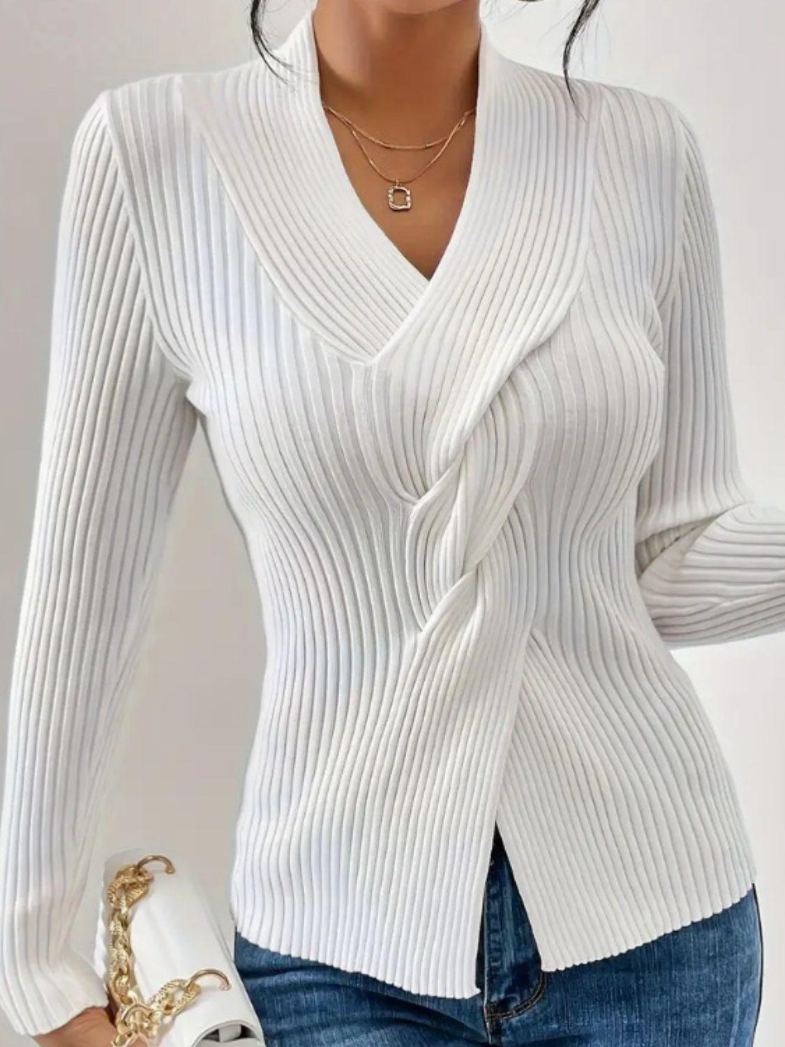 Twist Front Ribbed Long Sleeve Sweater - Bona Fide Fashion