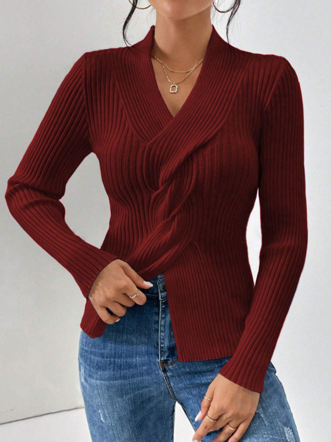 Twist Front Ribbed Long Sleeve Sweater - Bona Fide Fashion