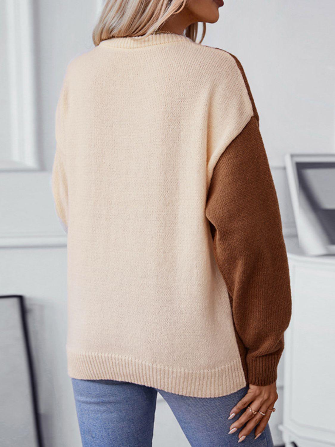 Two Tone Cable Knit Round Neck Long Sleeve Sweater - Bona Fide Fashion