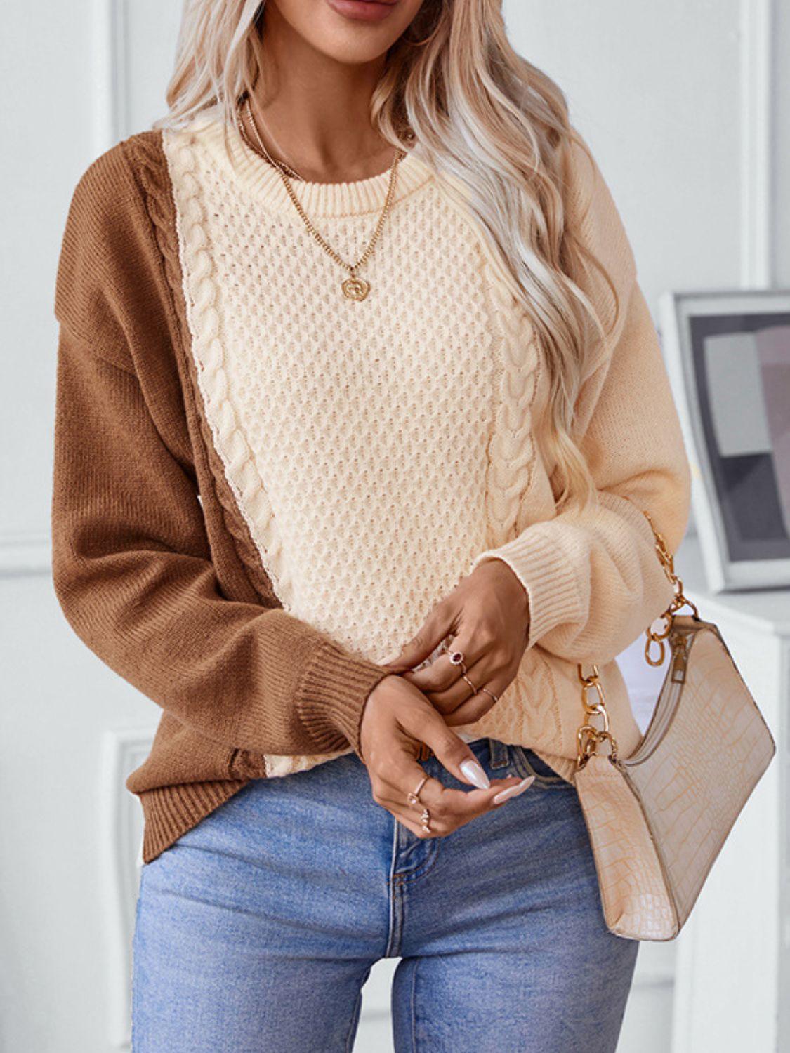 Two Tone Cable Knit Round Neck Long Sleeve Sweater - Bona Fide Fashion