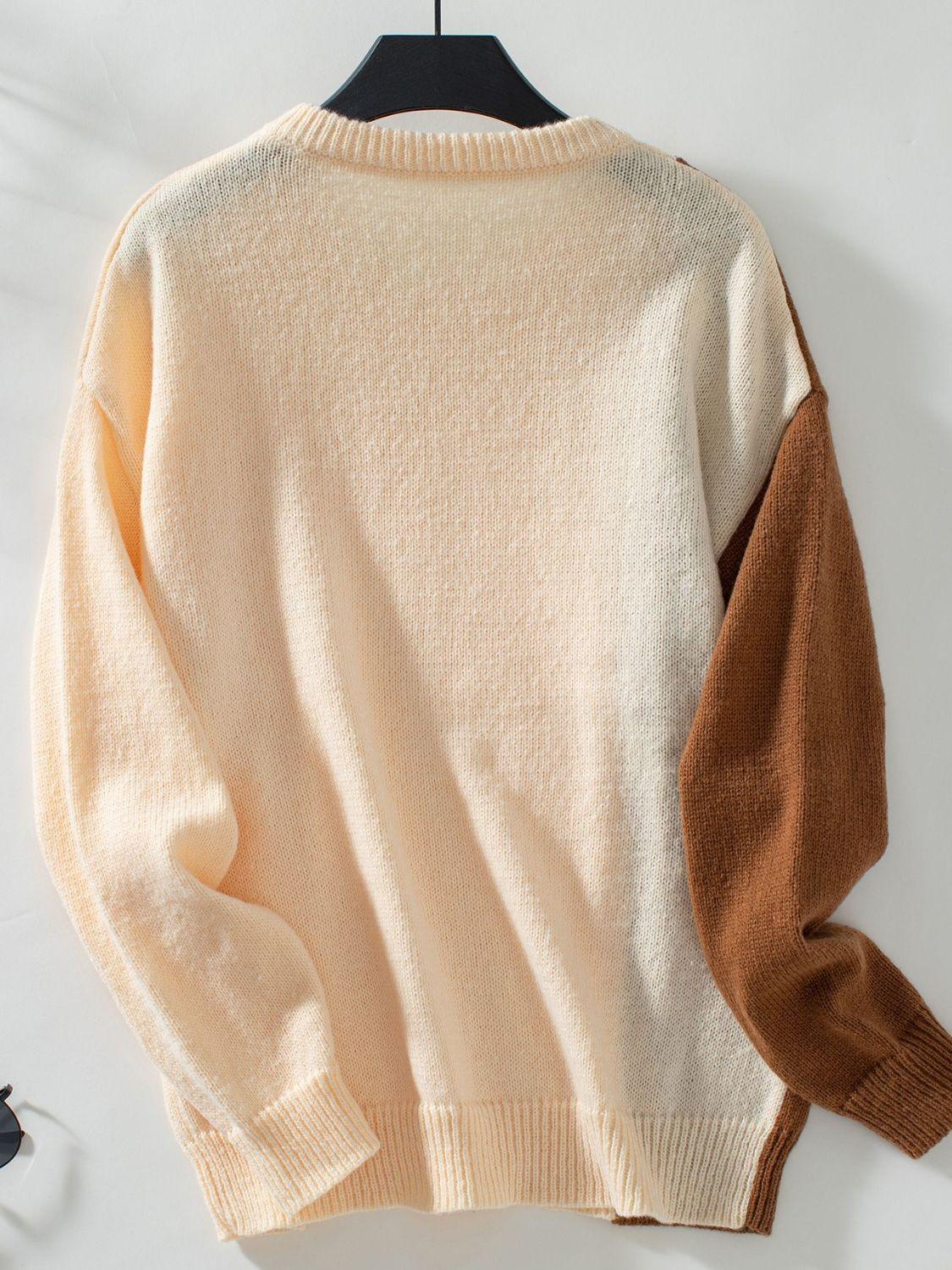 Two Tone Cable Knit Round Neck Long Sleeve Sweater - Bona Fide Fashion