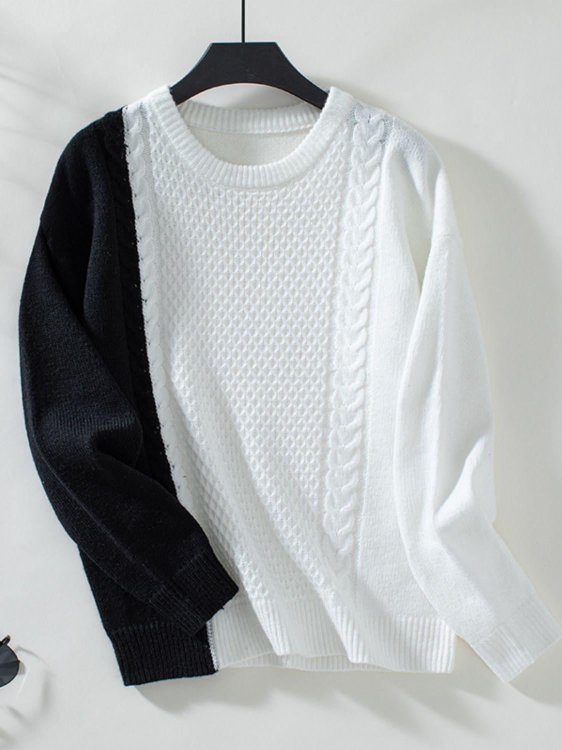 Two Tone Cable Knit Round Neck Long Sleeve Sweater - Bona Fide Fashion