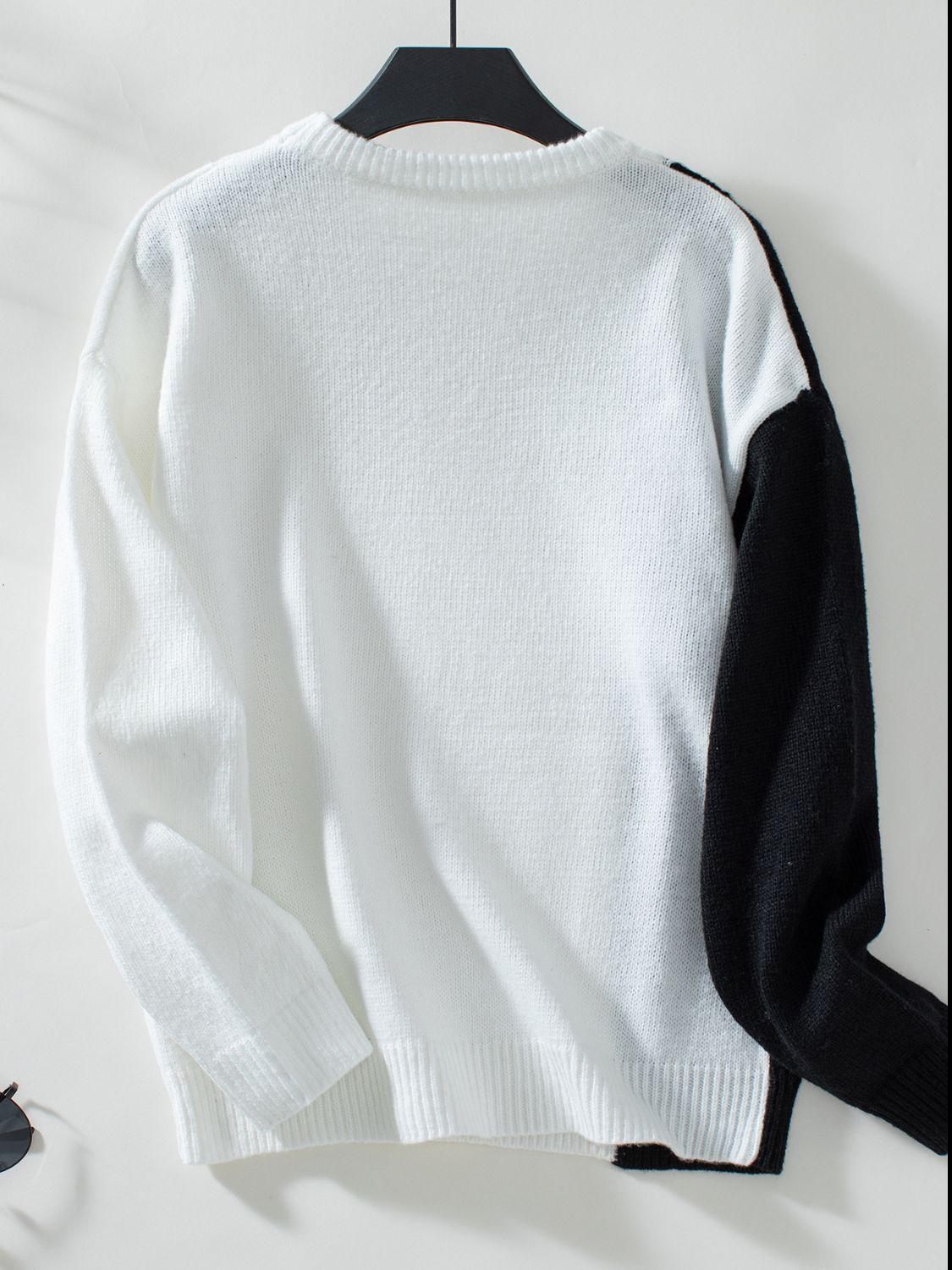 Two Tone Cable Knit Round Neck Long Sleeve Sweater - Bona Fide Fashion