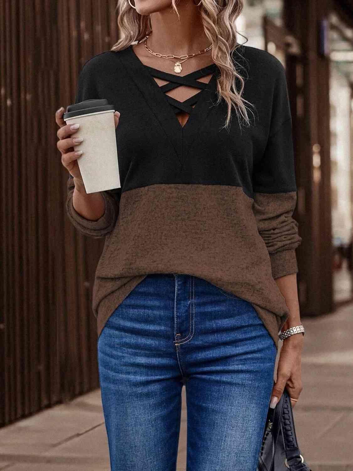 Two-Tone Crisscross Detail Sweatshirt - Bona Fide Fashion