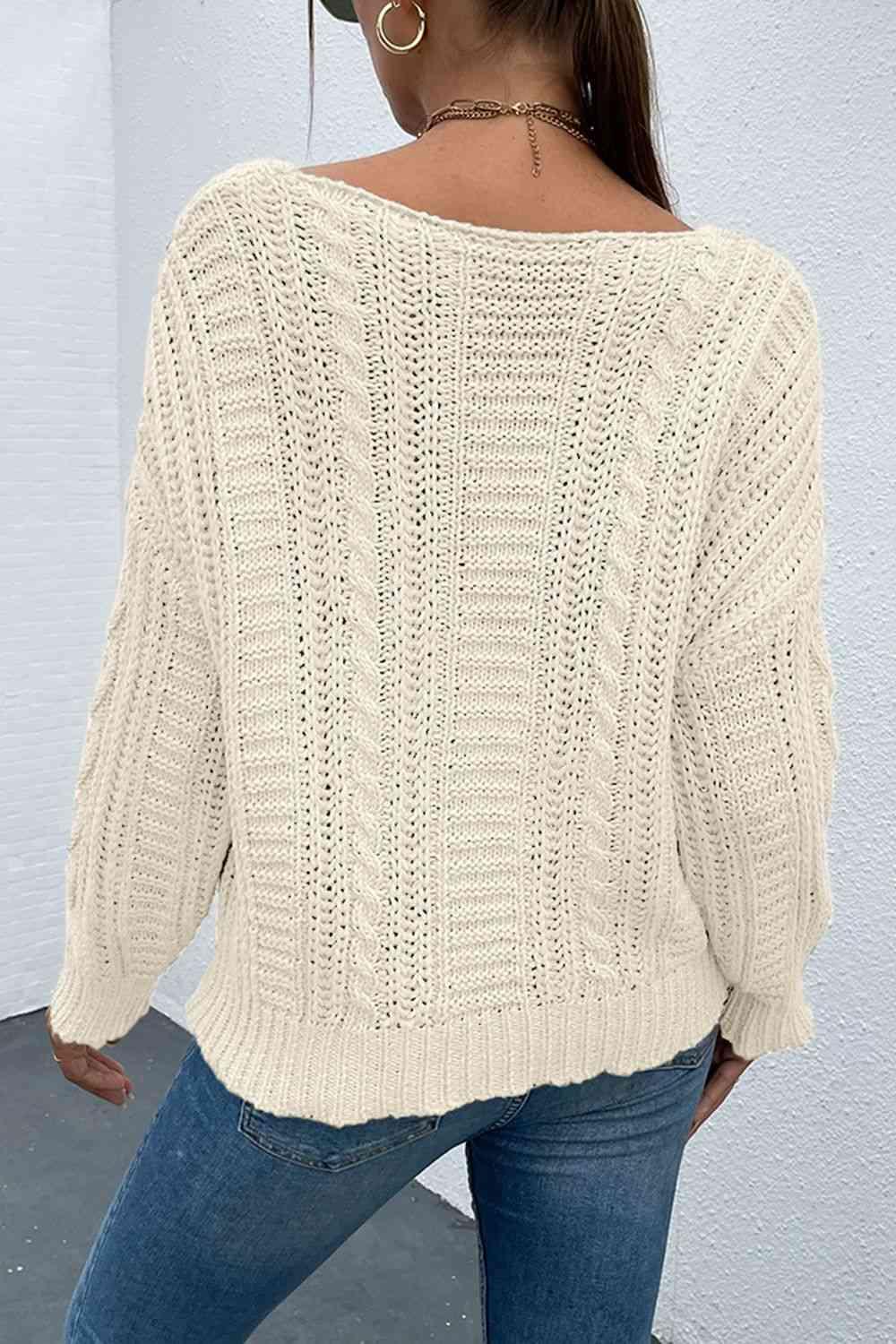 V-Neck Cable-Knit Long Sleeve Sweater - Bona Fide Fashion