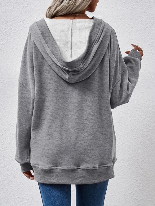 V-Neck Drop Shoulder Long Sleeve Hoodie - Bona Fide Fashion
