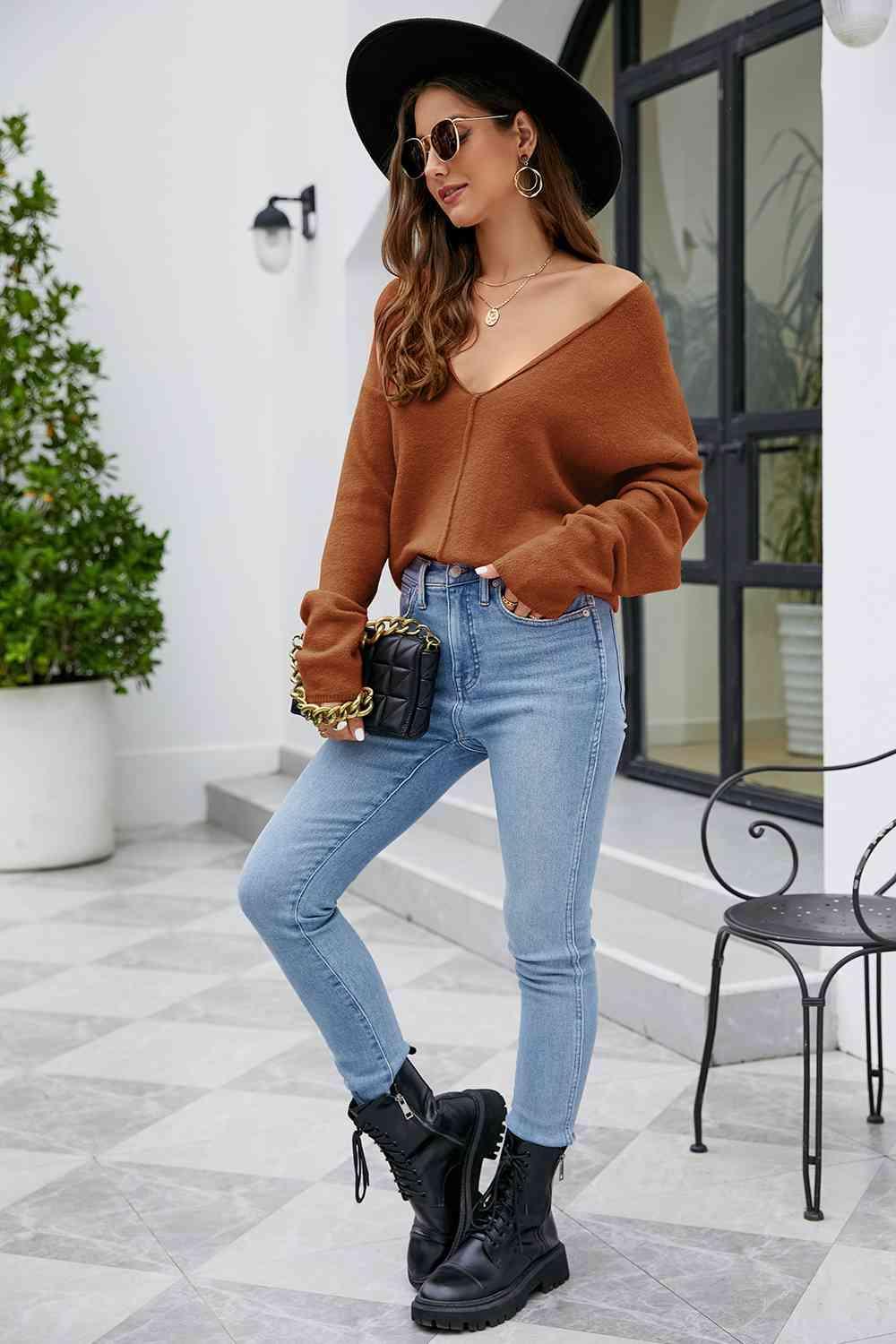 V-Neck Drop Shoulder Long Sleeve Knit Top - Bona Fide Fashion