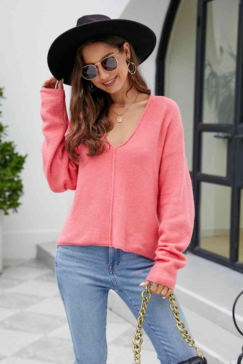 V-Neck Drop Shoulder Long Sleeve Knit Top - Bona Fide Fashion