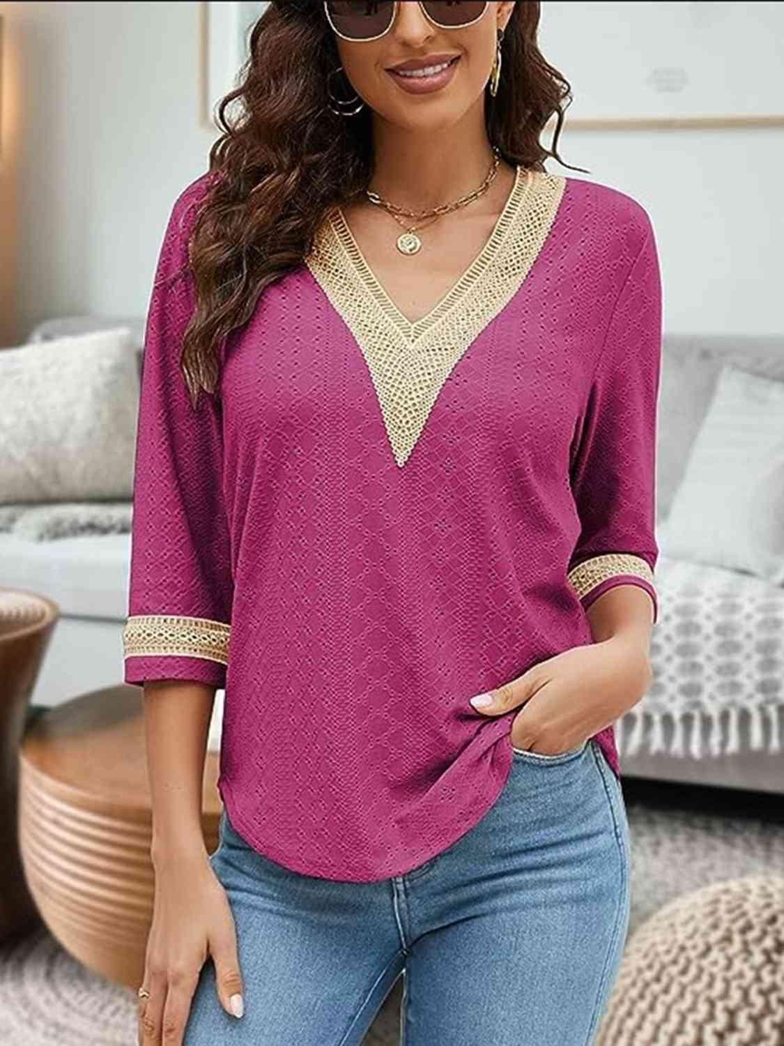 V-Neck Eyelet Blouse - Bona Fide Fashion