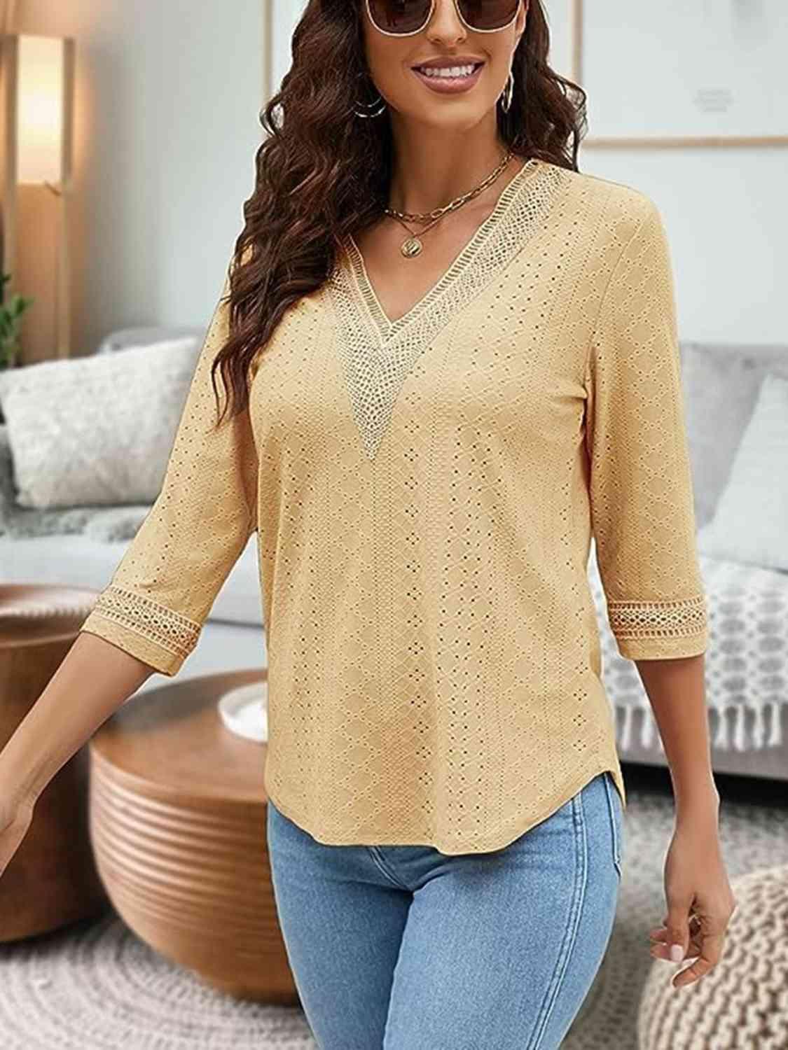 V-Neck Eyelet Blouse - Bona Fide Fashion