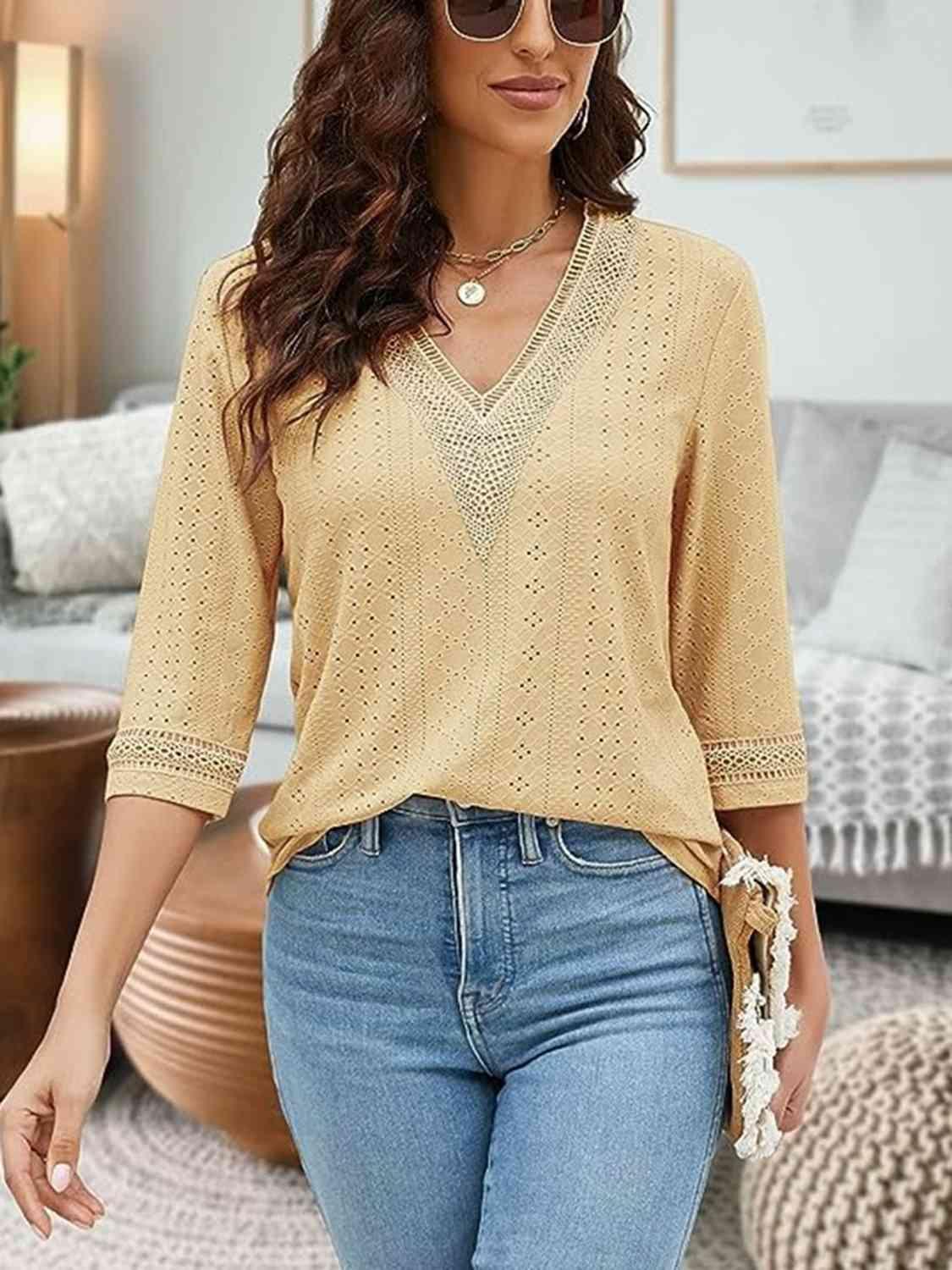 V-Neck Eyelet Blouse - Bona Fide Fashion