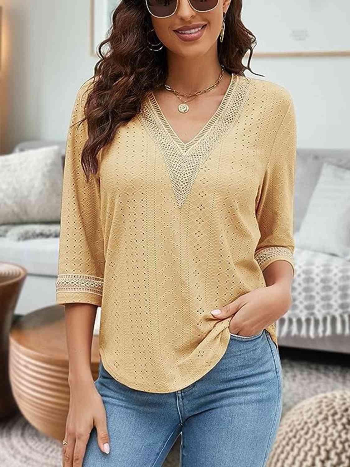 V-Neck Eyelet Blouse - Bona Fide Fashion