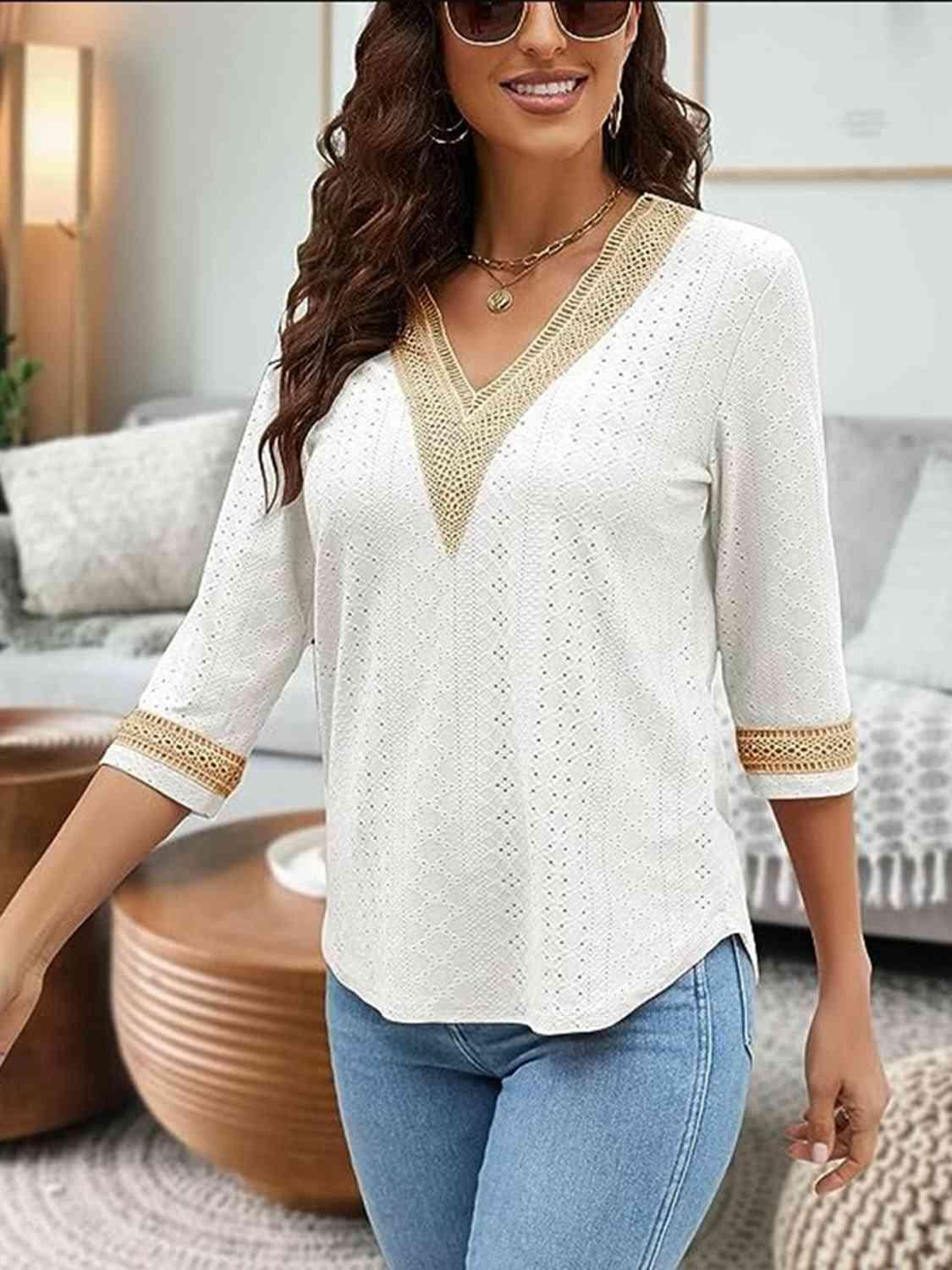 V-Neck Eyelet Blouse - Bona Fide Fashion