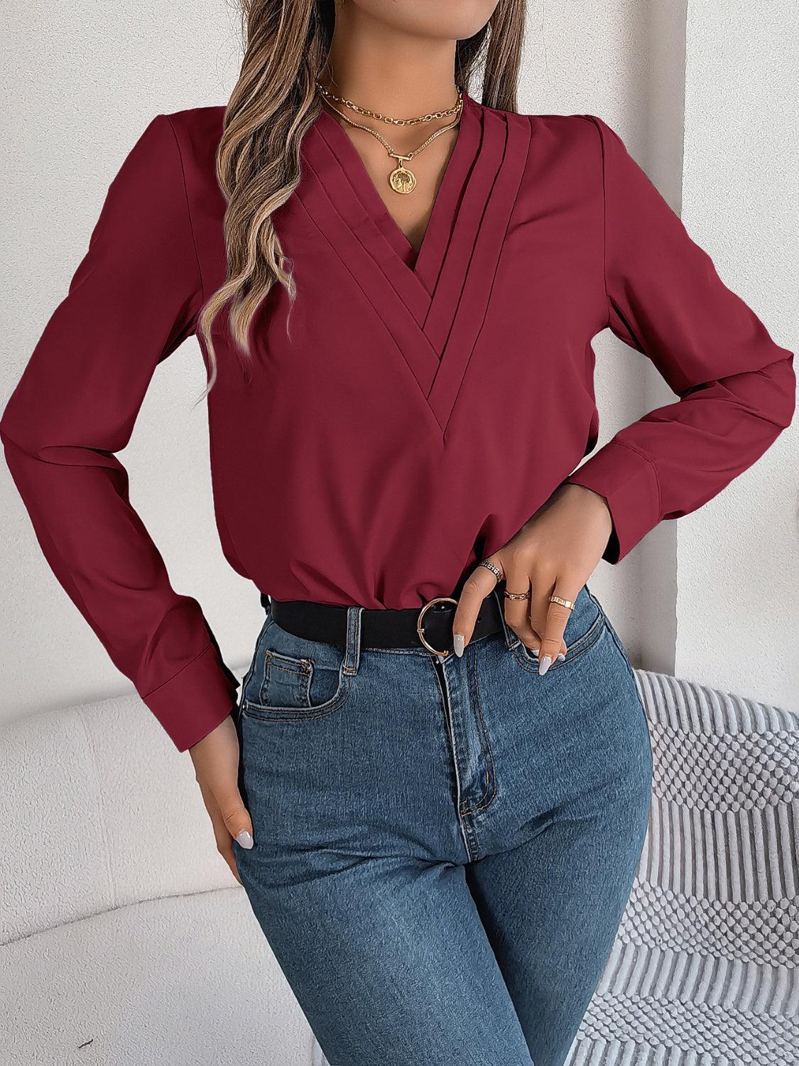 V-Neck Long Sleeve Blouse - Bona Fide Fashion