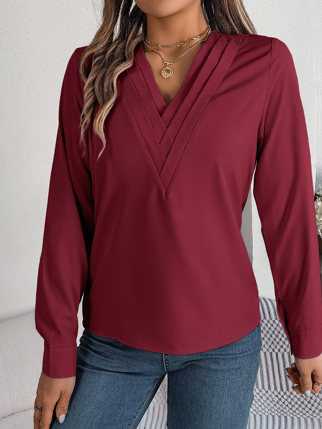 V-Neck Long Sleeve Blouse - Bona Fide Fashion