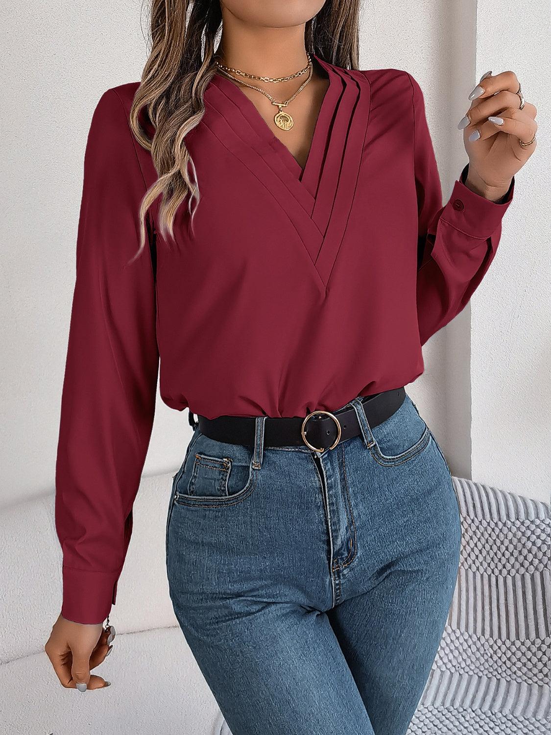 V-Neck Long Sleeve Blouse - Bona Fide Fashion