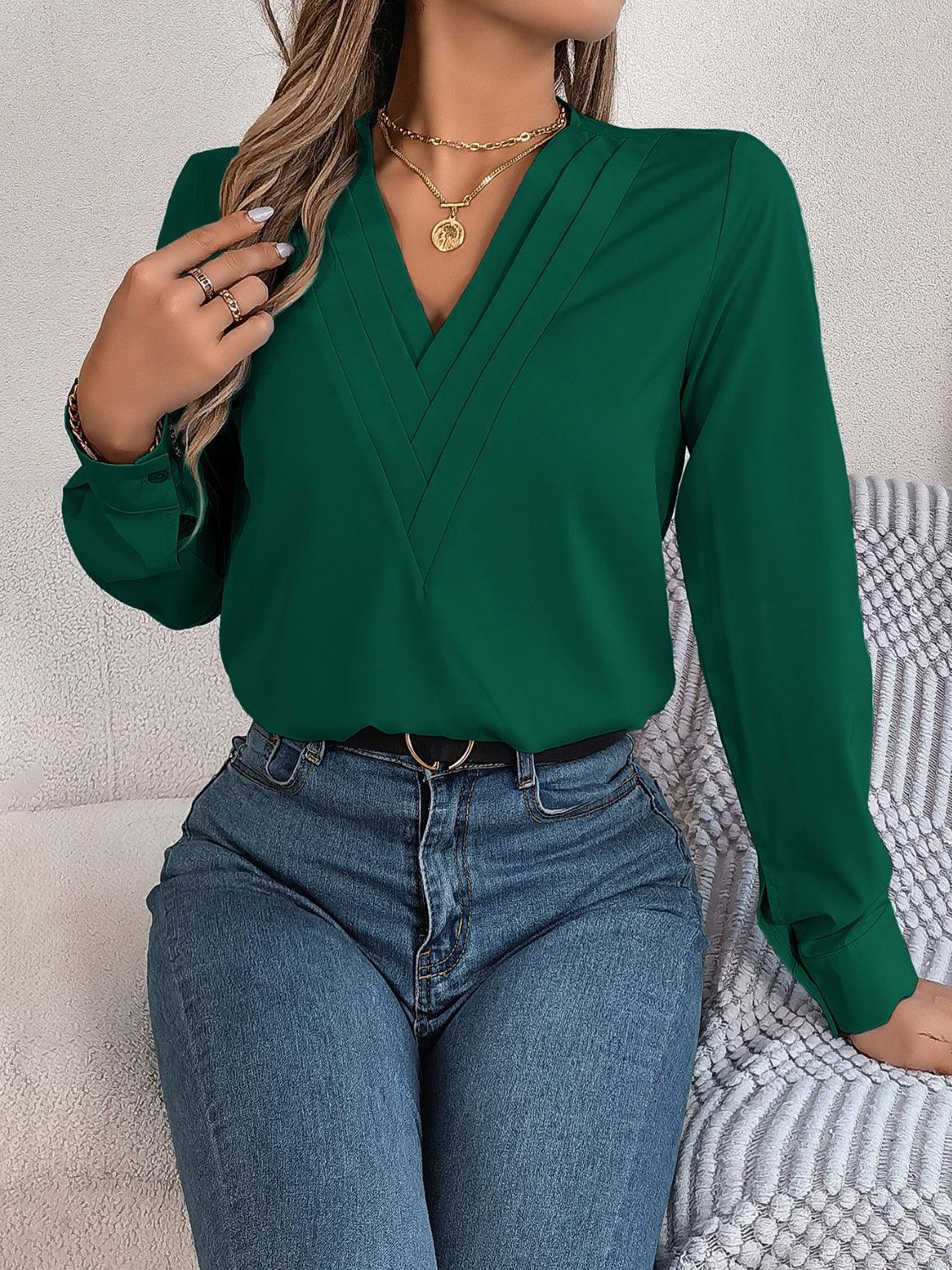 V-Neck Long Sleeve Blouse - Bona Fide Fashion