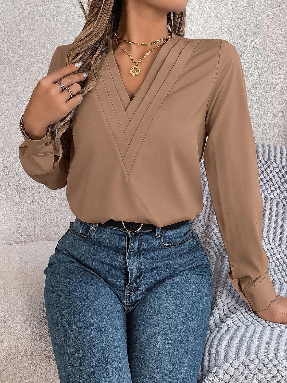 V-Neck Long Sleeve Blouse - Bona Fide Fashion