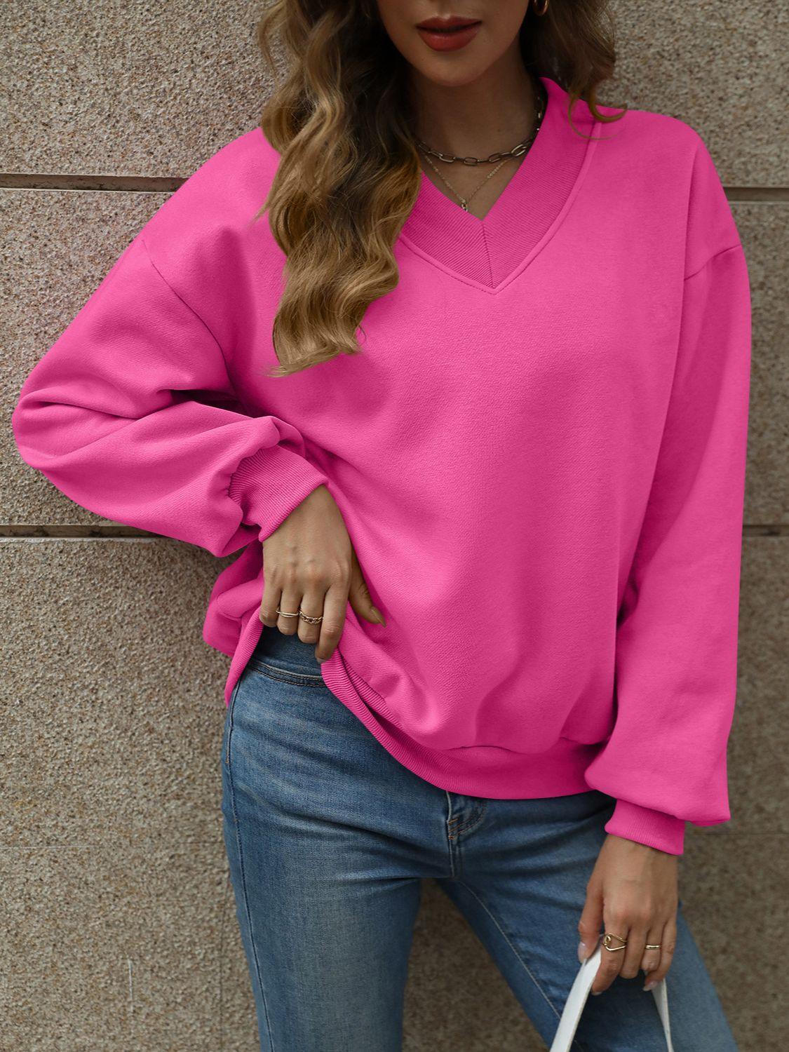 V-Neck Long Sleeve Dropped Shoulder Sweatshirt - Bona Fide Fashion