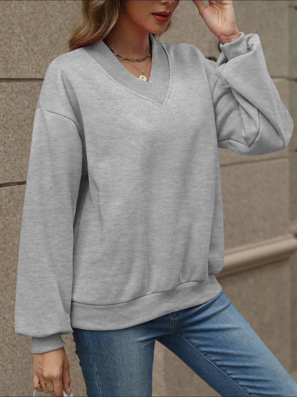 V-Neck Long Sleeve Dropped Shoulder Sweatshirt - Bona Fide Fashion