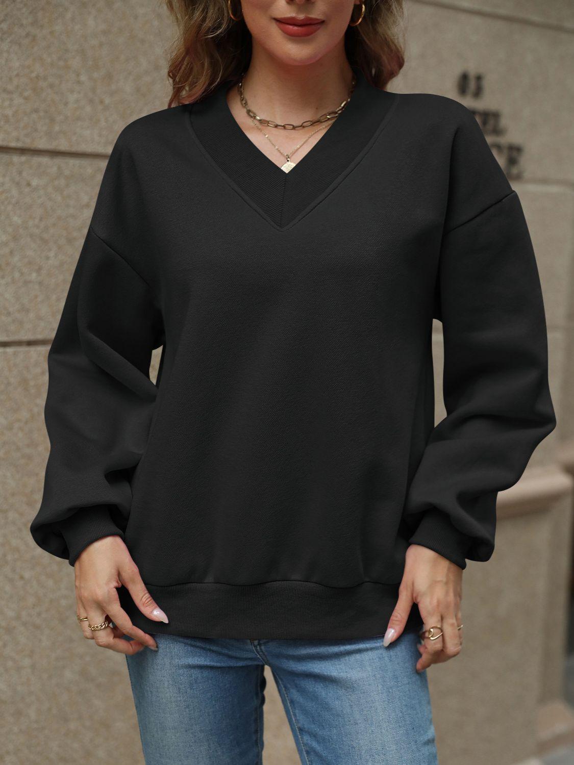 V-Neck Long Sleeve Dropped Shoulder Sweatshirt - Bona Fide Fashion