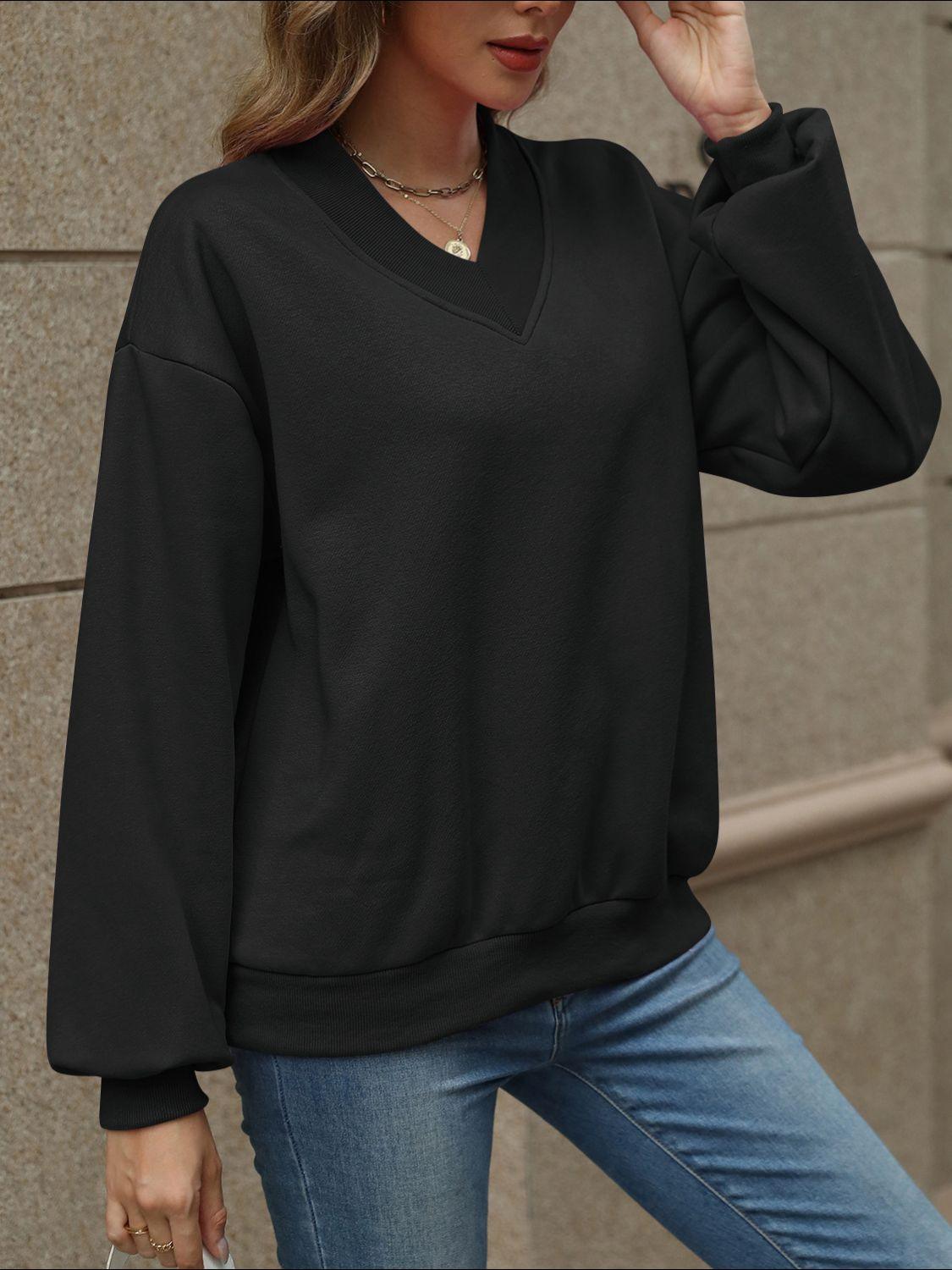 V-Neck Long Sleeve Dropped Shoulder Sweatshirt - Bona Fide Fashion