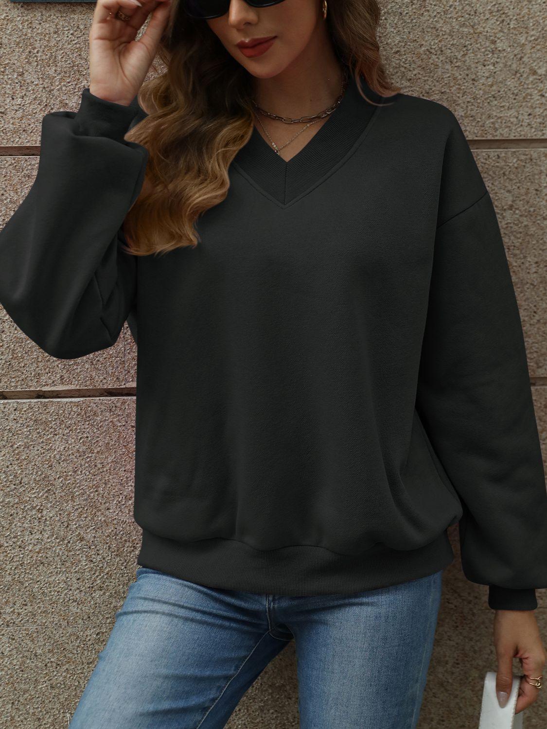 V-Neck Long Sleeve Dropped Shoulder Sweatshirt - Bona Fide Fashion