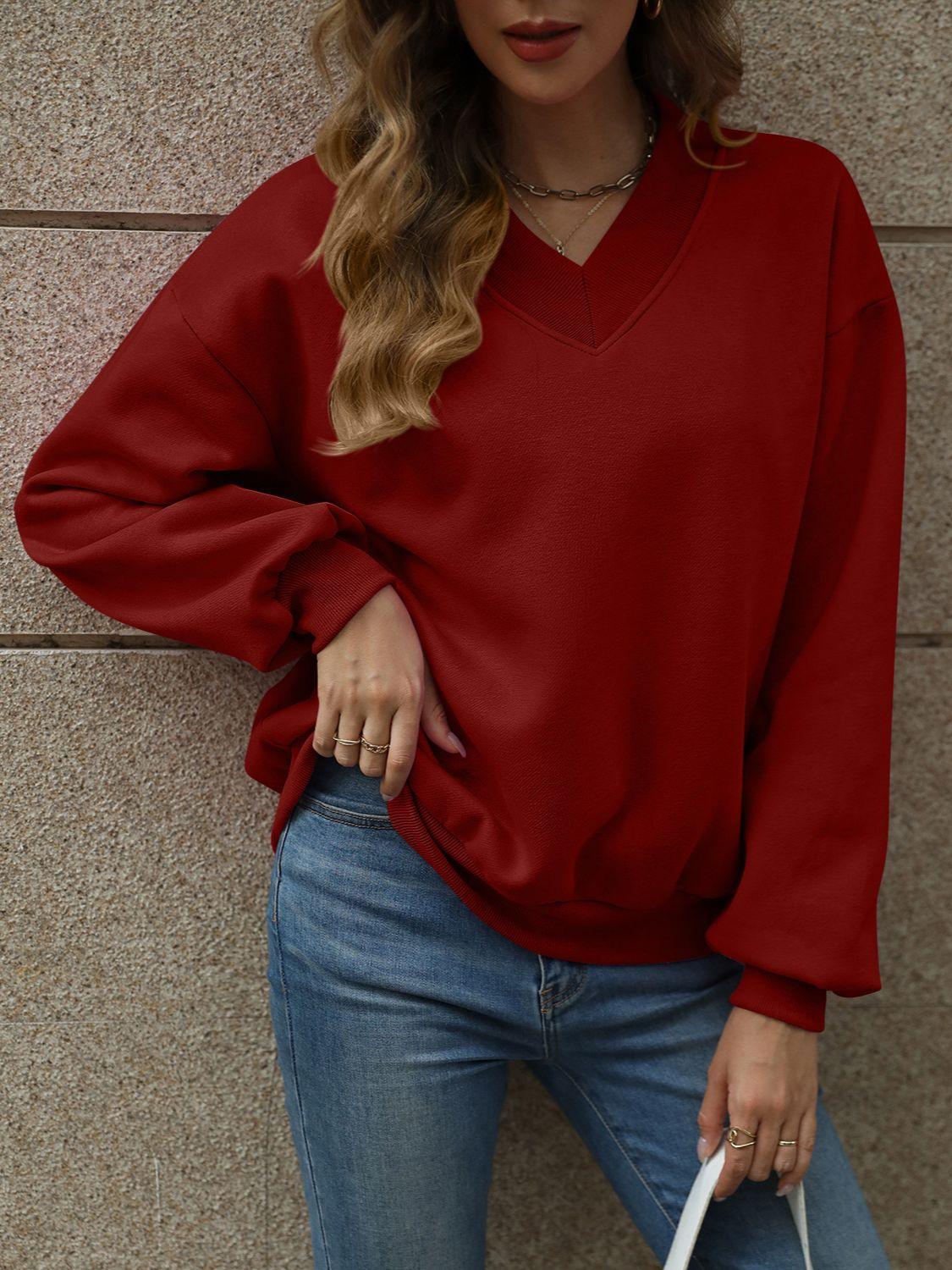 V-Neck Long Sleeve Dropped Shoulder Sweatshirt - Bona Fide Fashion